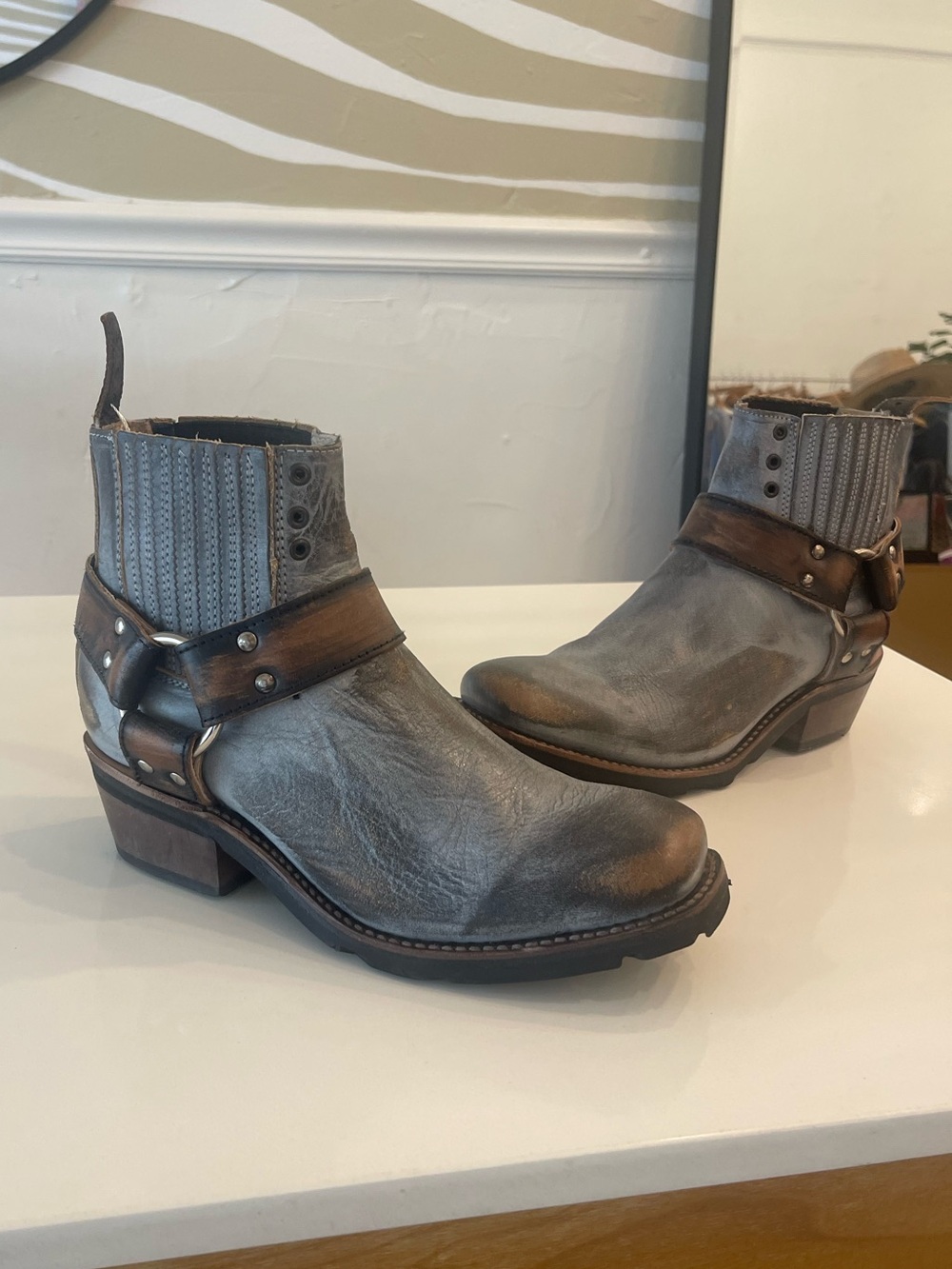 Free Bird Whiskey Short Grey Leather Harness Ankle Boots size 9